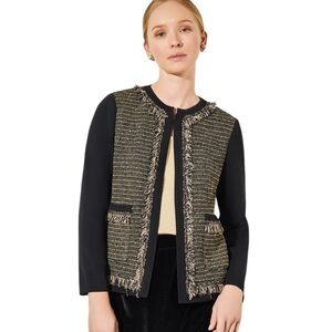 NWT Ming Wang Metallic Tweed Knit Fringe Blazer Jacket Black and Gold Size XS